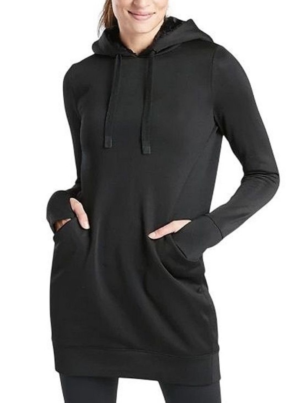 ATHLETA Dress Womens Small Black Triumph Luxe Shine Faux Fur Hoodie Thumb Holes